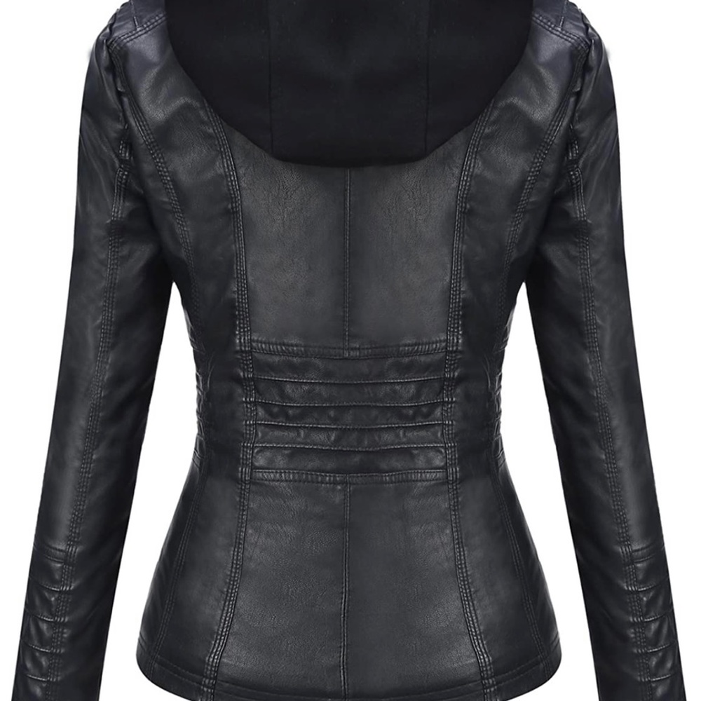New w/o Tags Tanming Woman’s Removable Hooded Faux Leather Jacket - Picture 4 of 7
